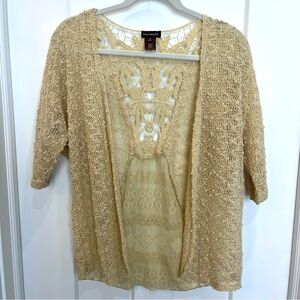 Multiples Women’s Crochet Open Front Cardigan Tan Size Small 3/4 Length Sleeve
